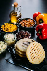 typical breakfast of Venezuela and Colombia, Arepas with many ingredients to fill them