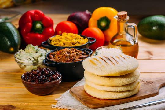 typical breakfast of Venezuela and Colombia, Arepas with many ingredients to fill them