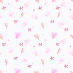 Seamless pattern with hearts and flowers on white background Watercolor illustration