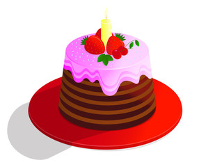 Vector drawing colorful chocolate cake of a decorated with decor, cream and fruits, on white background