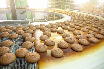 Bakery production line or with fresh sweet cookies on conveyor belt. Equipment machinery in confectionary factory workshop, industrial food production