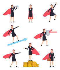 Set of business woman with super hero cloak. Confident woman showing hero poses, actions. Business leader. Flat design vector illustration
