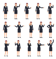 Obraz premium Set of businesswoman characters showing various hand gestures. Woman in dark suit pointing, greeting, showing thumb up, victory hand and other gestures. Flat design vector illustration