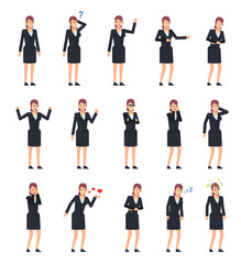 Fototapeta premium Set of businesswoman characters showing diverse emotions. Woman in dark suit laughing, crying, tired, angry, sleeping, in love and showing other expressions. Flat design vector illustration