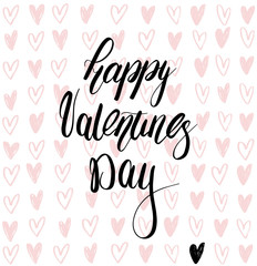Obraz premium Vector hand lettering illustration. Happy Valentines day calligraphy phrase with pink hearts. Design composition with typography elements.