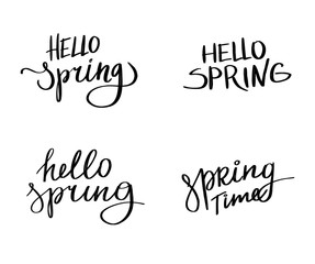 Vector hand lettering illustration. Hello Spring and Spring time - calligraphy phrases. Design compositions with typography elements.