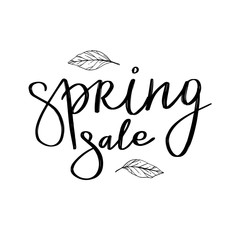 Obraz premium Vector hand lettering illustration. Spring sale calligraphy with floral branches and leaves. Design composition with typography elements.