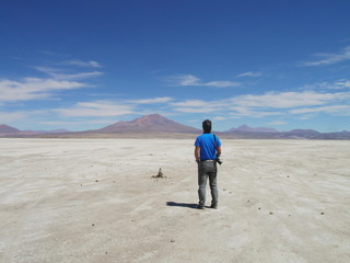 Young tourist at Salar de Uyuni, Bolivia