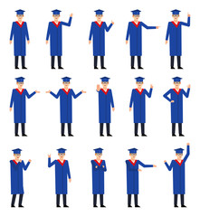 Set of graduate students showing various hand gestures. Graduate in blue mantle pointing, greeting, showing victory hand and other gestures. Flat design vector illustration