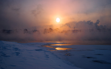 Sunset at the river Angara in town Irkutsk