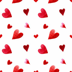 Seamless pattern with hearts on white background Watercolor illustration