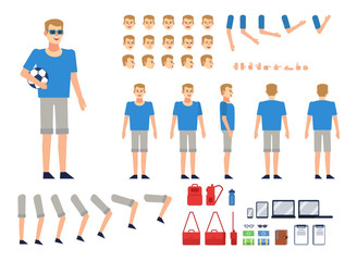 Man in sportswear creation kit. Create your own action, pose, animation. Various emotions, gestures, design elements. Flat design vector illustration