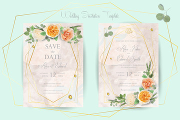 Floral Wedding Invitation elegant, thank you, rsvp, Save the Date, card template Design garden flowers pink peach Rose, Eucalyptus leafs greenery, bouquet, gold geometric frame marble background