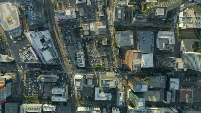 Aerial overhead view South Park building rooftops LA