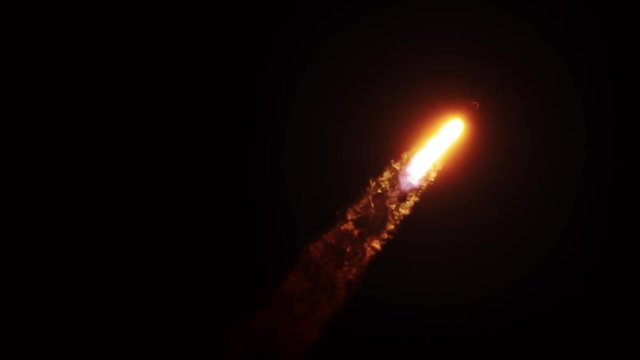 Rocket flying through sky at night with growing trail of hot exhaust flames and smoke. 120 fps slow motion.