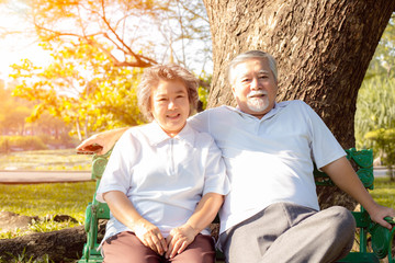 Portrait older couple. Attractive grandma and grandpa look strong and good health. Grandparents have always gotten good  positive thinking. Older husband and wife have long lived. They love each other