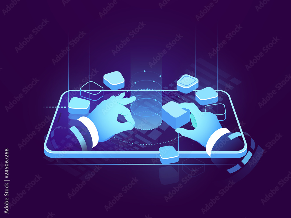 Poster holographic display isometric neon, digital futuristic technology, user interface development design