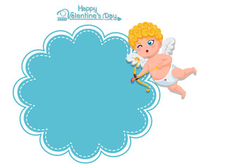 Happy Valentine's Day. Vector Greeting Card cupid cartoon character with bow and arrow. decorative element on Valentine. posters, gift tags and labels