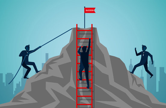 Three Businessmen Are Competing To Climbing Up The Mountain With Ropes And Stairs Red. Business Finance Success. Overcome Obstacles. Challenges. Leadership. Illustration Cartoon Vector