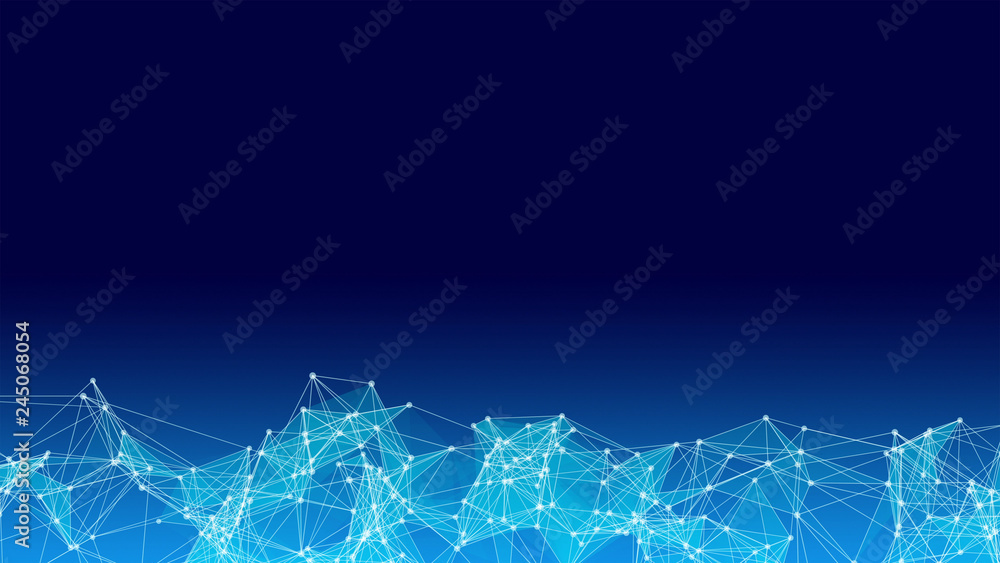 Poster blue digital computer data and network connection triangle lines and spheres in futuristic technolog