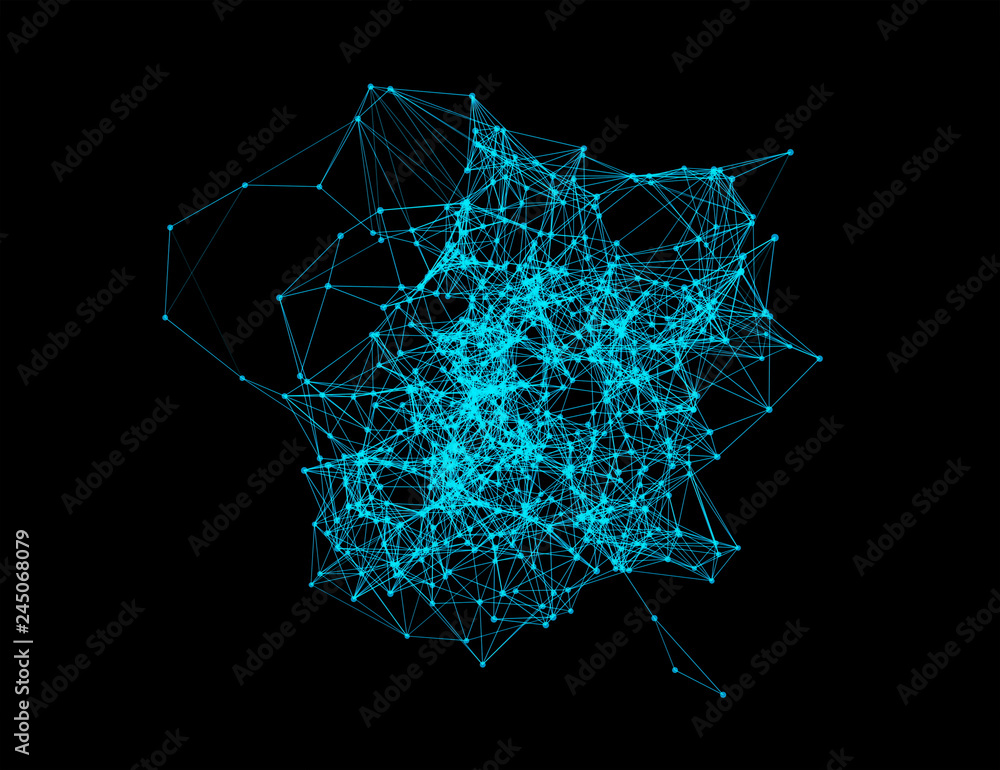 Poster blue digital computer data and network connection triangle lines and spheres in futuristic technolog