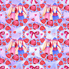 Cute Bunny. Seamless Pattern with rabbit. Watercolor background.