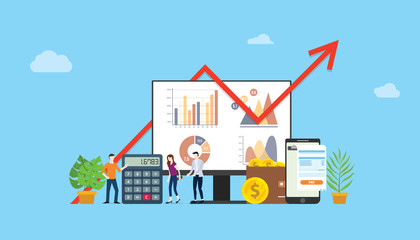 digital marketing budget financial campaign for advertising team people working together with graph and chart - vector