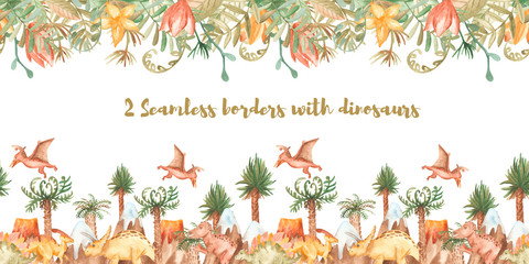Watercolor seamless border, frame with dinosaurs and plants. Texture for cards, invitations, baby design, wallpaper, scrapbooking, baby shower, themed party.