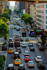 NEW YORK CITY - Jujy 02, 2018: cars and yellow taxi cabs - Traffic jam in Manhattan downtown -...