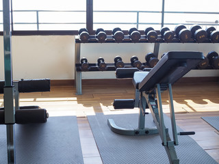 Fototapeta na wymiar Many dumbbells on the shelves and​ the​ adjustable bench​ in the gym.​ Exercise equipment in the fitness center.