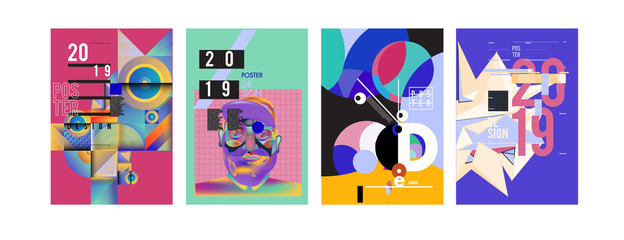 Fototapeta premium 2019 New Poster and Cover Design Template for Magazine. Trendy Vector Typography and Colorful Illustration Collage for Cover and Page Layout Design Template in eps10.