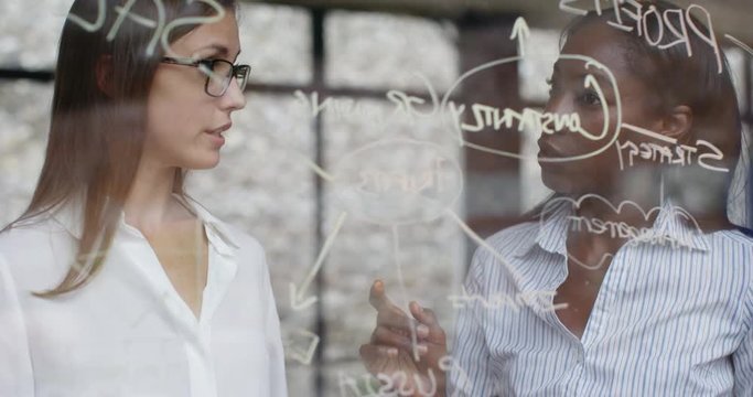 4K Two young creative businesswomen brainstorming in front of glass wall. Slow motion.