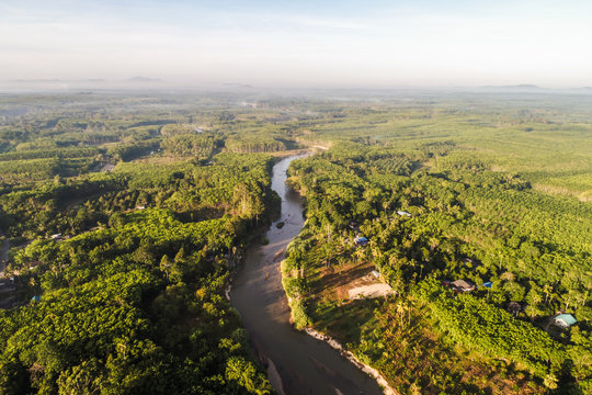 Aerial view of nature landscape green tropical forest with river © themorningglory