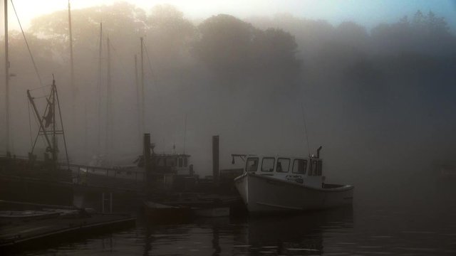 Lobster fishing boat unloading it&permil;&Ucirc;&ordf;s daily catch in early morning light at sunrise in a foggy and quaint New England harbor.
