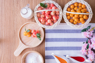 Copy space tablecloth with Delectable imitation fruits, Fruit Shaped Mung Beans, Thai traditional dessert.