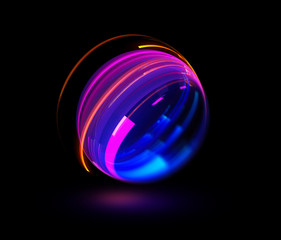 3D Atom icon. Nuclear model on dark background. Glowing bots structure.  Physics electrons concept. Ray ring ball. Micro model proton. Glow core. Light cell. Magic orb. Bright circle. Optical flare.