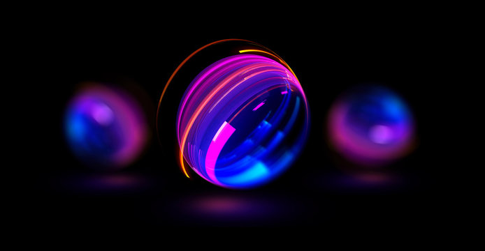 3D Atom icon. Nuclear model on dark background. Glowing bots structure.  Physics electrons concept. Ray ring ball. Micro model proton. Glow core. Light cell. Magic orb. Bright circle. Optical flare.