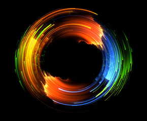 Vivid abstract background. Beautiful design of rotation frame.  .Mystical portal. Bright sphere lens. Rotating lines. Glow ring. .Magic neon ball. Led blurred swirl. Spiral glint lines.