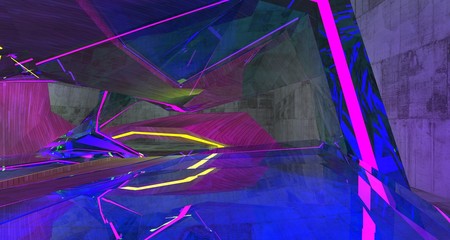 Abstract  Concrete Futuristic Sci-Fi interior With Violet And Yellow Glowing Neon Tubes . 3D illustration and rendering.