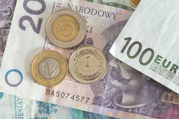 Euro Geldschein und Banknoten und Münzen Polnische Zloty PLN