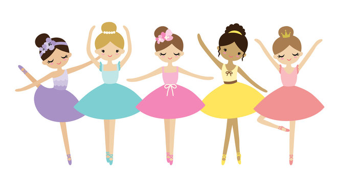 Vector illustration of cute dancing little ballerinas. Prima ballerinas in tutu ballet costumes.