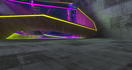 Abstract  Concrete Futuristic Sci-Fi interior With Violet And Yellow Glowing Neon Tubes . 3D illustration and rendering.