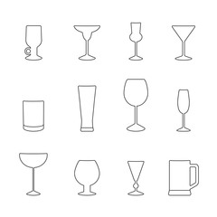Types of glasses for different drinks, a set of outline icons. Vector illustration on black