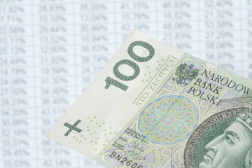 Ein Geldschein Polnische Zloty PLN vor einer Tabellenkalkulation mit Zahlen und Prozenten