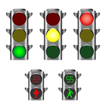 LED Traffic Lights Showing Red, Amber Or Green Lights For Drivers And Pedestrian Lights Red And Green