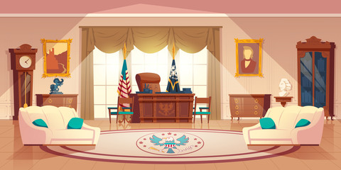 Vector oval cabinet in the white house. Cartoon interior with furniture - desk for work, sofa for rest. National flag, carpet. Workplace for president of United States of America in official residence