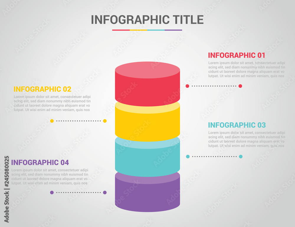 Aufkleber infographic template with bar shape 3d shape circle style with free space text for description with 4 four step process text on the right and left - vector