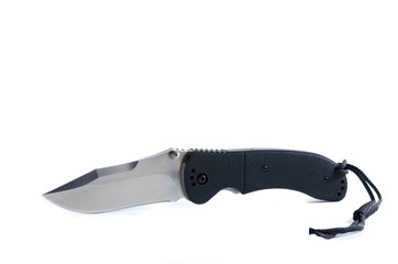 Folding knife on a white background. Knife with an unusual blade.