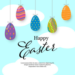 Happy easter greeting card with eggs with modern text on sky background. Vector illustration.