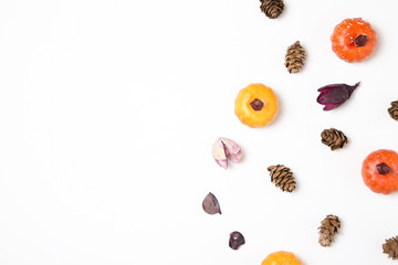 Pine cone and dry flower, pumpkin on white background. Autumn decoration